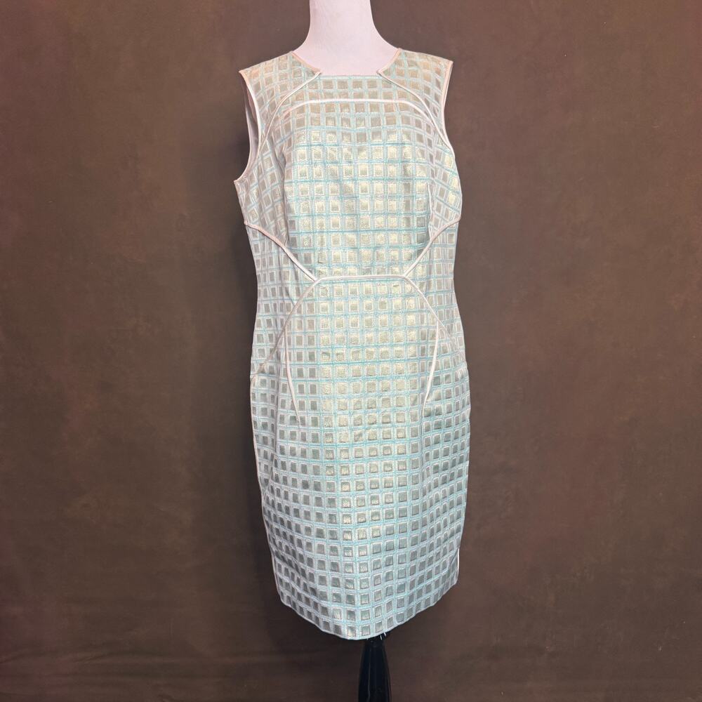Per Se by Carlisle Metallic Aqua Sheath Dress NWT $625 Size 12 Modern Luxury